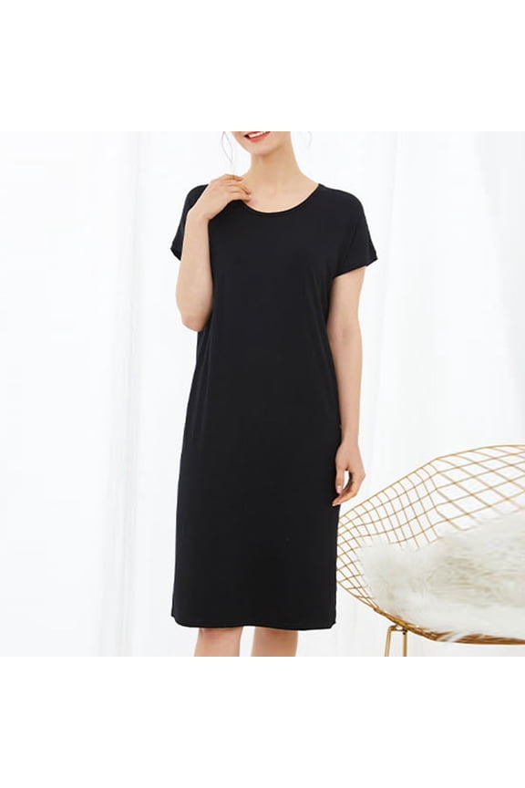 Cute Moomoo House Dress for Women Long Black Cotton Mumu Dress Short Sleeve Solid Nightgowns for Women