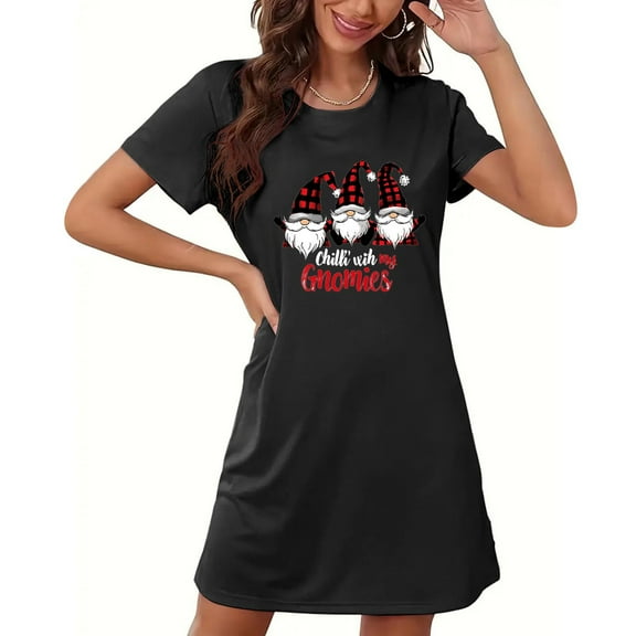 Sakmal Cute Moomoo Nightgowns Women Christmas Pajama Dress Short Sleeve Santa Claus Print Black Nightgowns