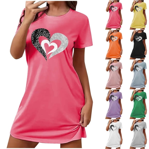 Sakmal Cute Moomoo Womens Nightgowns Love Valentines Short Sleeve Sleepshirt Short Heart Print Nightgowns for Women L