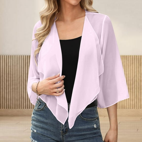 Sakmal Cute Shirts for Women Lightweight Pink Mesh Cardigan 3/4 Sleeve Crew Neck Solid Blouses for Women