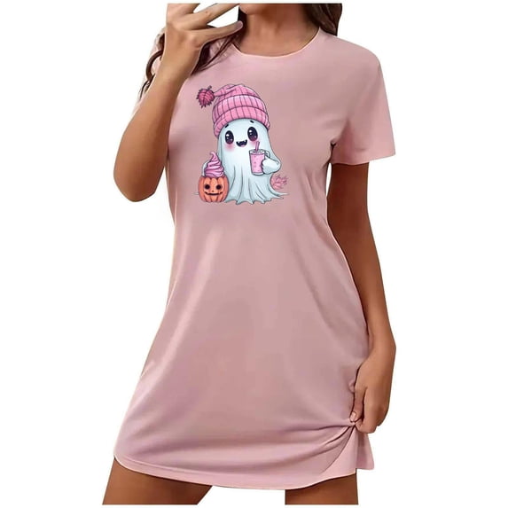 Sakmal Cute Sleepwear for Women Halloween Night dress Pink Ghost and Pumpkin Print Short Sleeve Nightgowns