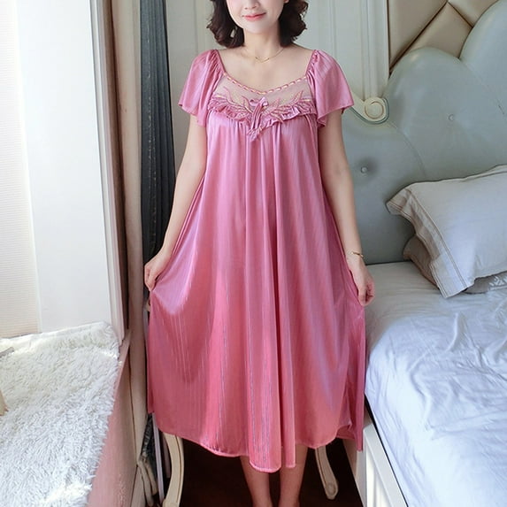 Sakmal Cute Sleepwear for Women Pink Pleated Cloud-Like Sleep Dress Short Sleeve Long Square Neckline Floral Nightgowns