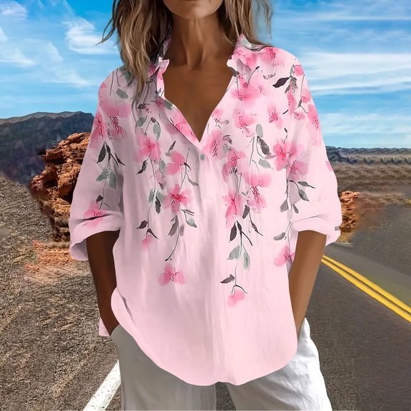 Sakmal Cute Tops for Women Button Down Pink Tops V Neck Floral Long Sleeve Shirts for Women