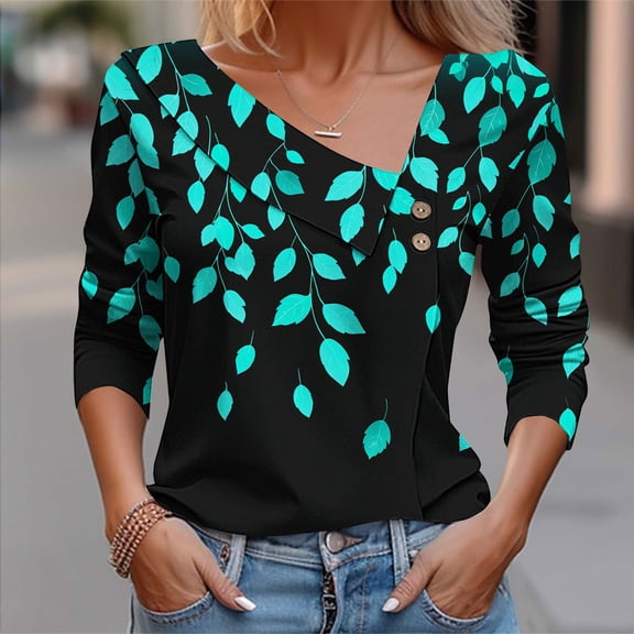 Sakmal Cute Womens Blouses Button Down Blue Shirts Long Sleeve Graphic Collared Shirts for Women