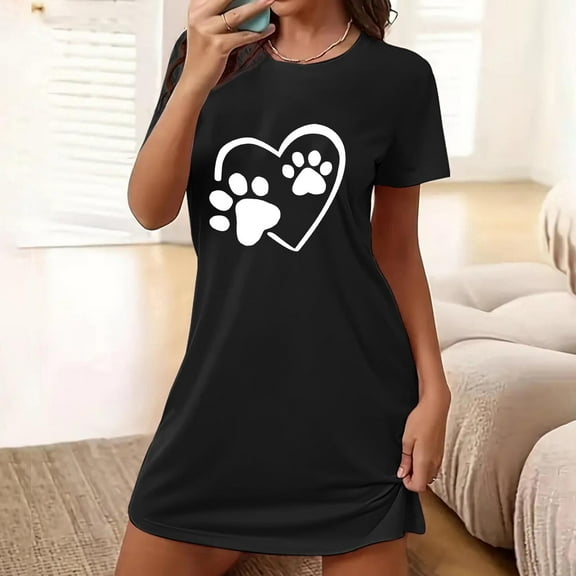 Sakmal Cute Womens Moo Moo Nightgown Short Black Mumu Dress Print Short Sleeve Nightgowns for Women