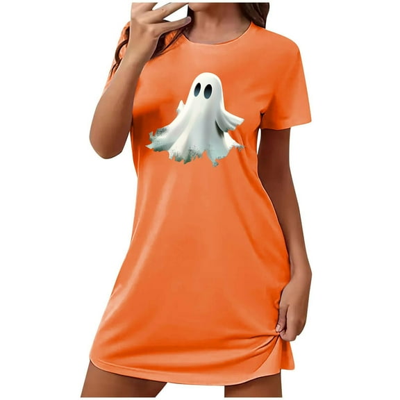Sakmal Cute Womens Nightgown Halloween Night dress Ghost Print Short Sleeve Orange Nightgowns