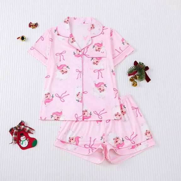 Sakmal Cute Womens Christmas Pajamas Pink Button Down Soft Short Sleeve Loungewear V Neck Butterfly Bow Print Pjs Sets for Women