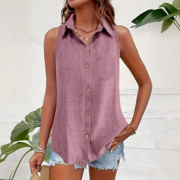 Sakmal Cute Womens Tank Tops Button Up V Neck Shirts Solid Pink Summer Tank Tops for Women M