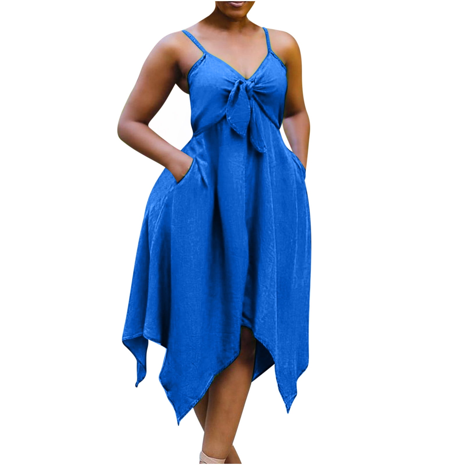 Sakmal Deep V-Neck Summer Dresses for Women 2024 Blue Sleeveless Solid ...