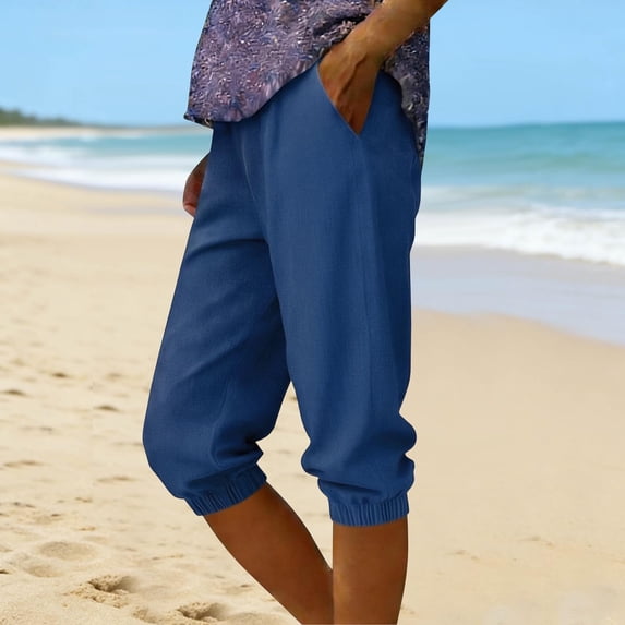 Sakmal Denim Capri Jeans Women Elastic Waist Straight Leg Pants Business Casual Solid Fashion Capris for Women L
