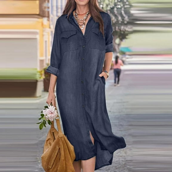Sakmal Denim Summer Dresses Plus Size Shirt Dress Long Blue Long Sleeve Solid Collared Dresses