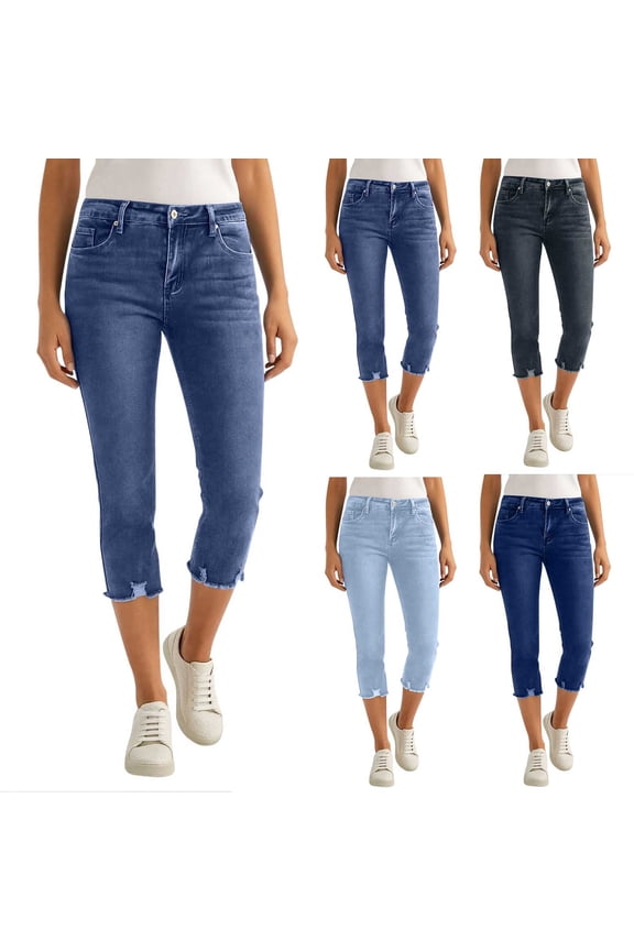 Denim Women's Capri Jeans Straight Leg Elastic Waist Pants Summer Lightweight Solid Capris for Women L