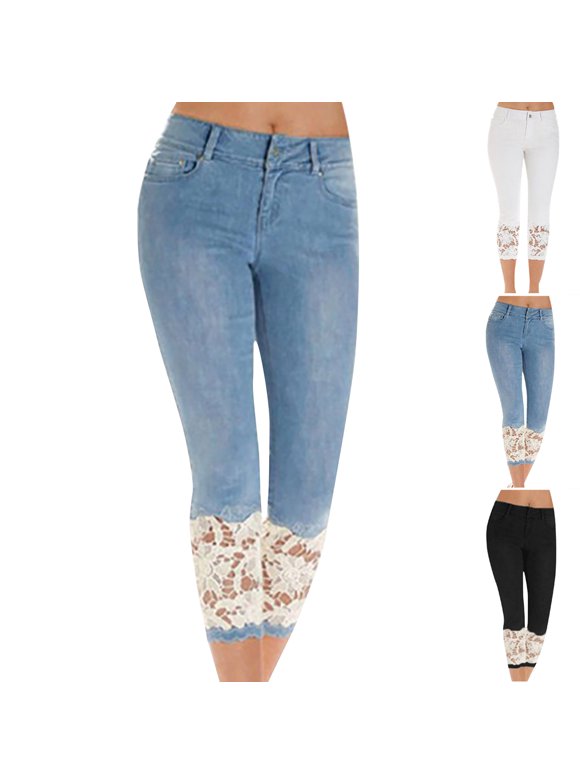 Denim Womens Capri Leggings Plus Size High Waisted Jeans Slim Leg Pants Lace Patchwork with Pockets Beach Vacation Capris for Women L