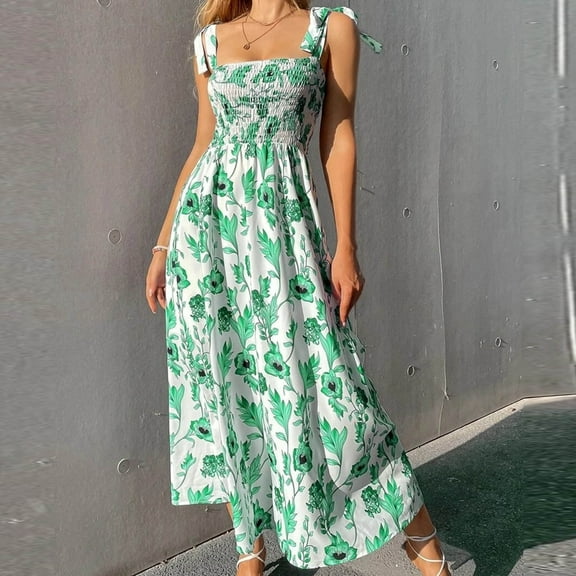 Sakmal Derby Womens Dresses Sundress Long Elegant Green Dress Floral Sleeveless Dresses
