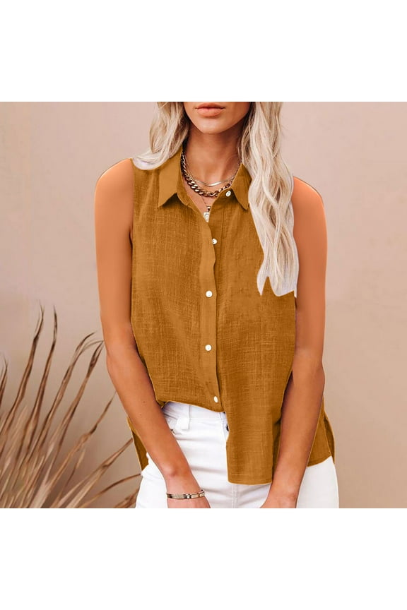Double Lined Womens Tank Tops Cotton Linen Plus Size Button Up Collared Shirts Solid Casual Brown Womens Tank Tops 4XL
