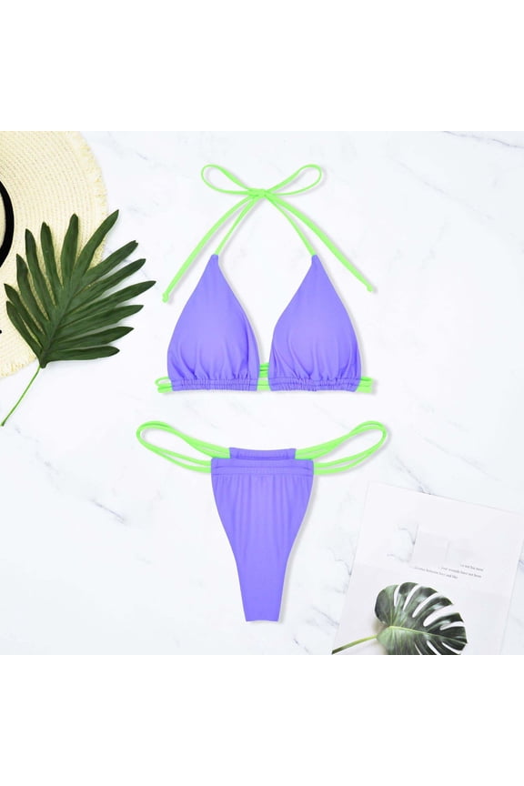 Double Support Bikini Swimsuits Women Two Piece Swimwear Solid Tropical Purple Womens Swimsuits L