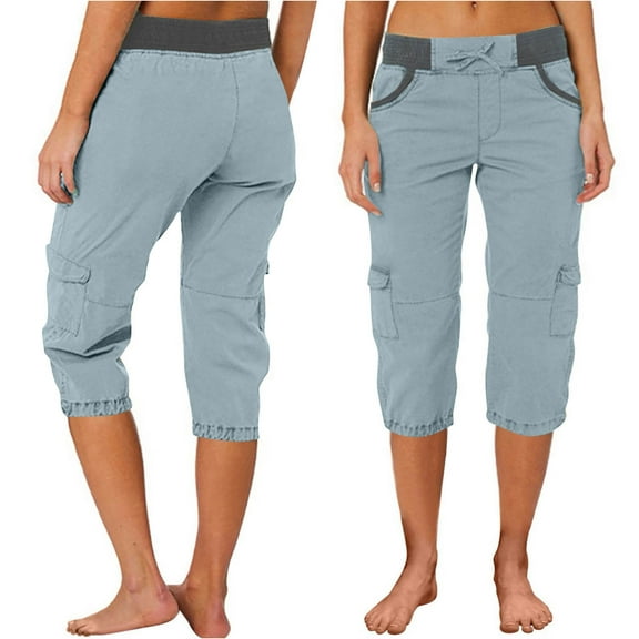 Sakmal Drawstring Cargo Shorts for Women Capris High Waisted Plus Szie Straight Leg Blue Summer Solid Shorts for Women 3XL