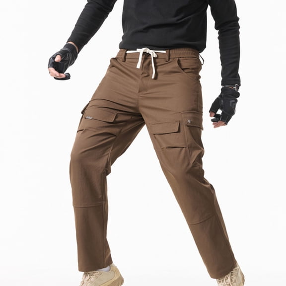 Sakmal Drawstring Elastic Waist Men's Cargo Pants Straight Leg Outdoor Brown Relaxed Fit Stretch Pants for Men 3XL