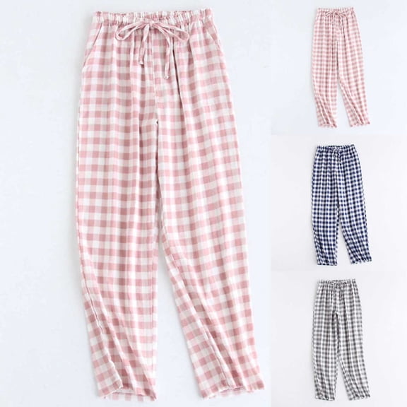 Sakmal Drawstring Elastic Waist Womens Pajama Pants Plaid Pajama Bottoms Blue Ladies Lounge Pants L