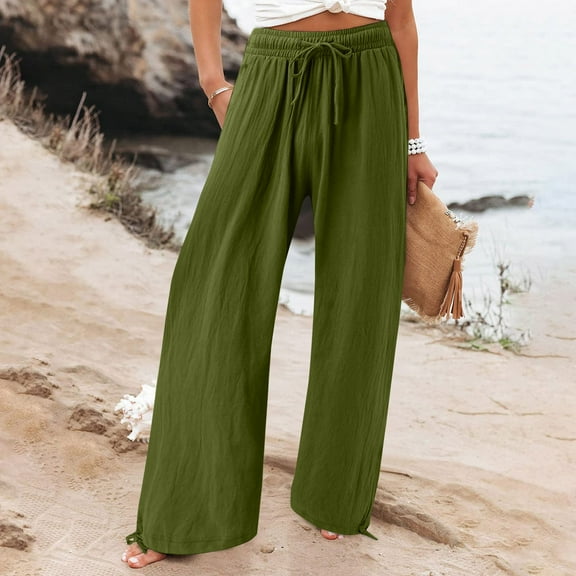 Sakmal Drawstring Pants Women Wide Leg Flowy Palazzo Plus Size Solid Long High Waisted Green Pants with Pockets