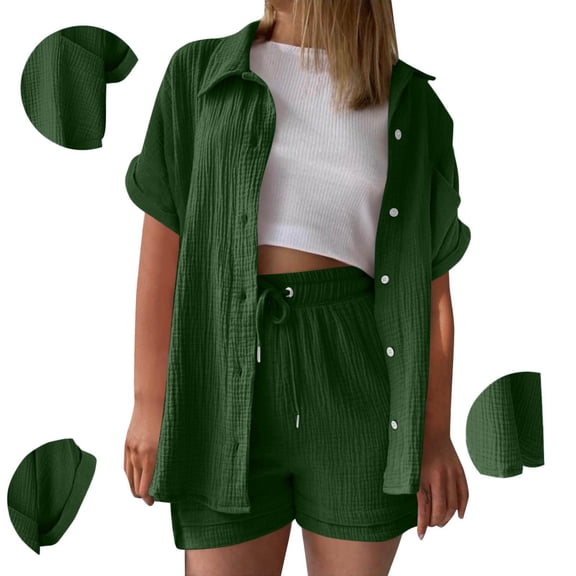 Sakmal Drawstring Shorts Sets for Women Wide Leg Plus Size 2 Piece Outfits Green Solid Summer Shorts for Women with Pockets