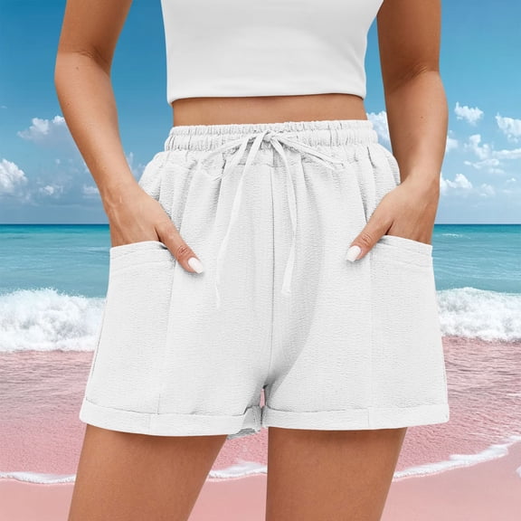 Sakmal Drawstring Shorts Women Plus Size Wide Leg Solid White Elastic Waist Ladies Shorts with Pockets