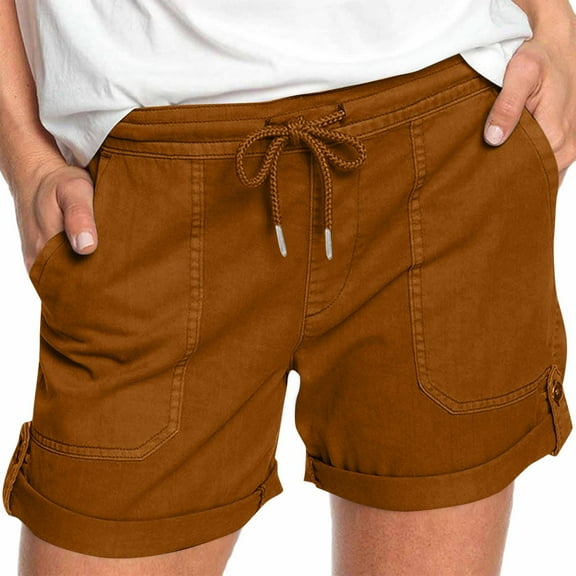 Sakmal Drawstring Shorts for Women Camping Gold Cargo Solid Mid Rise 5" Shorts with Pockets