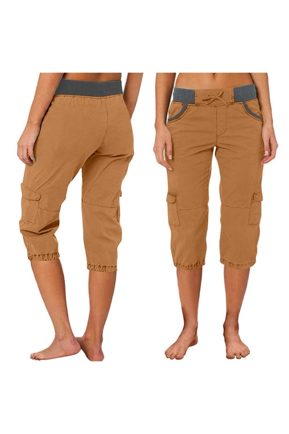 Drawstring Women's Cargo Shorts Capris High Waisted Straight Leg Plus Szie Solid Brown Elastic Waist Ladies Shorts M