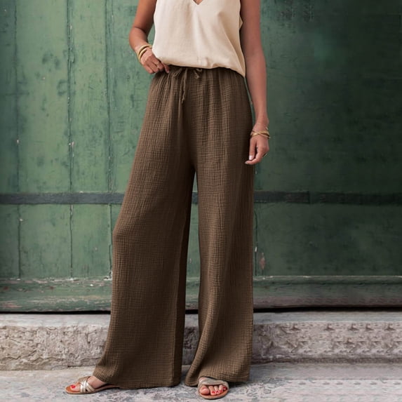 Sakmal Drawstring Women's Pants Palazzo Cotton Linen Wide Leg Casual Full Length High Waisted Brown Solid Pants