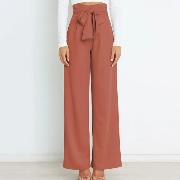 Sakmal Drawstring Women's Pants Pleated Work Wide Leg Trousers Solid Full Length Orange High Waisted Pants with Pockets