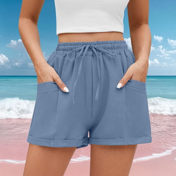 Sakmal Drawstring Womens Shorts High Waisted Wide Leg Blue Solid Trendy Shorts for Women with Pockets