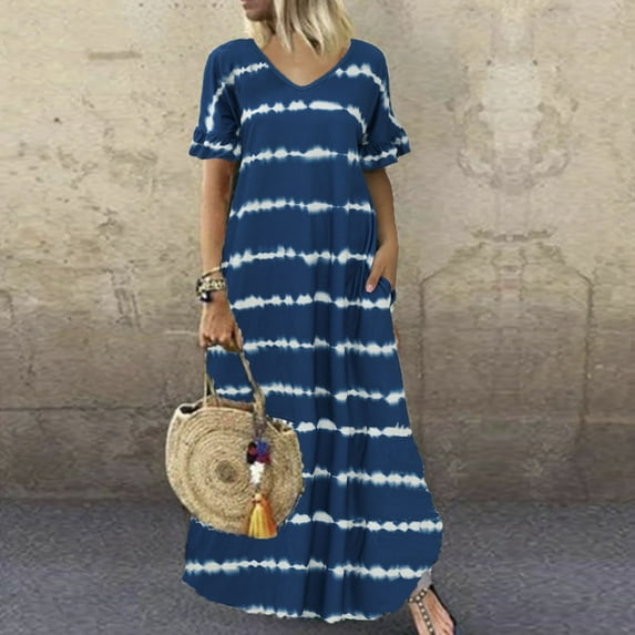 Sakmal Dresses Plus Size Dresses for Curvy Women Maxi Striped Blue Casual Short Sleeve V-Neck Girls for Women Trendy
