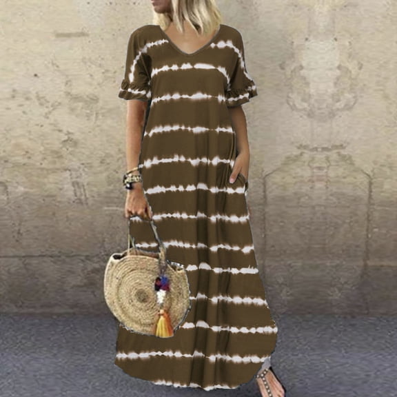 Sakmal Dresses Womens Dresses Brown Striped Maxi Casual V-Neck Short Sleeve Ladies Dresses