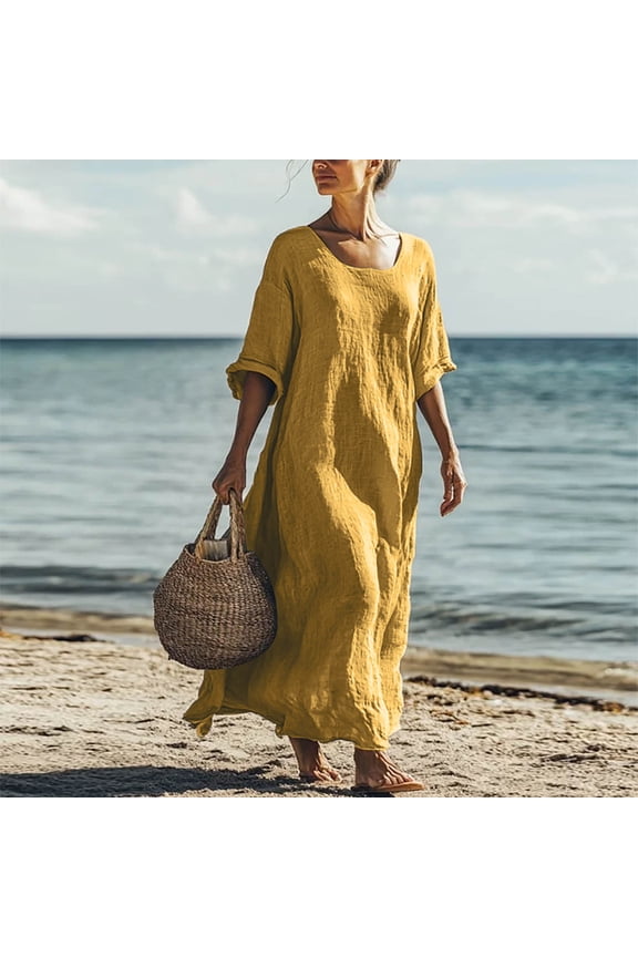 Dresses Womens Maxi Beach Boho Cotton Linen Tshirt Dress Yellow Crew Neck Short Sleeve Womens Sundress L
