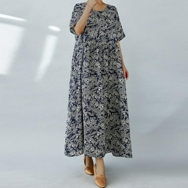 Sakmal Dresses for Women 2024 Blue V-Neck Maxi Elbow-Length Vintage Graphic Cotton and Linen Loose Fit Shift Dress