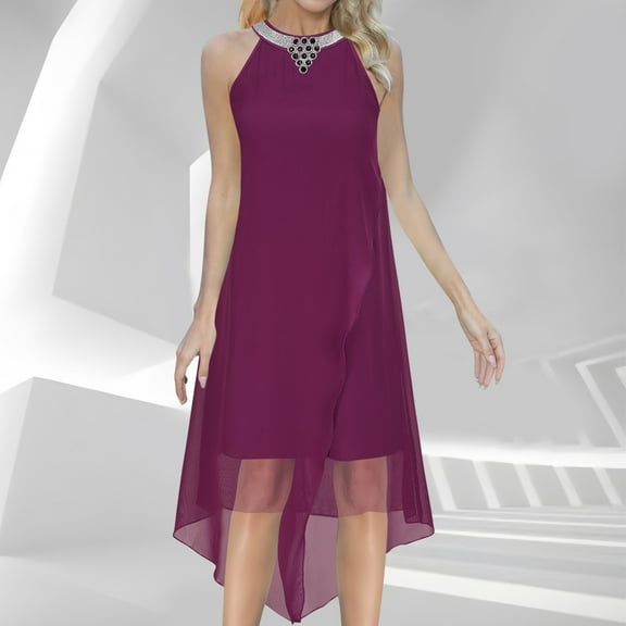 Sakmal Dresses for Women 2024 Casual Spring Chiffon Tulle Solid Comfort Fit Sleeveless Purple Mid-Length Shift Dress