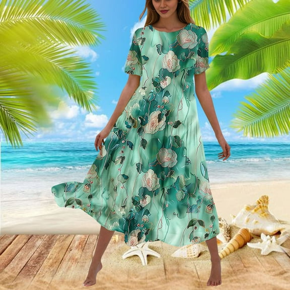 Sakmal Dresses for Women 2024 Casual Spring Green Crew Neck Long Flowy Short Sleeve Loose Fit Floral A-Line Dress