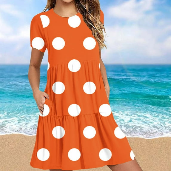 Sakmal Dresses for Women 2024 Casual Spring Long Crew Neck Orange Polka Dot Short Sleeve Loose Fit Tiered with Pocket Sundress