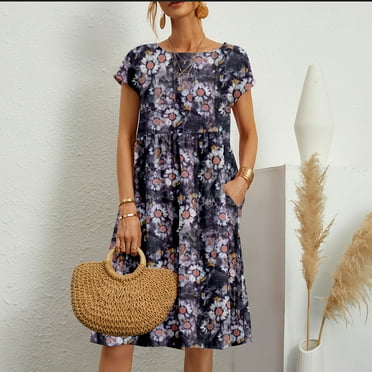 Sakmal Dresses for Women 2024 Casual Spring Purple Crew Neck Mid-Length Loose Fit Basic Short Sleeve Floral Shift Dress