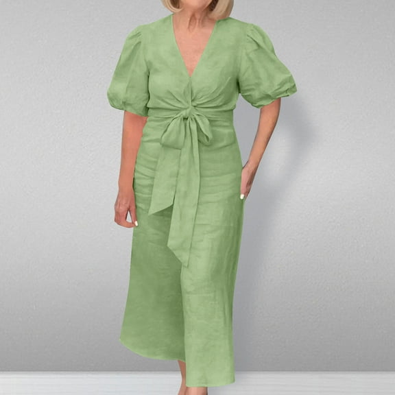 Sakmal Dresses for Women 2024 Casual Spring Solid Puff Sleeve Short Sleeve Green Comfort Fit Maxi Shirt Dress