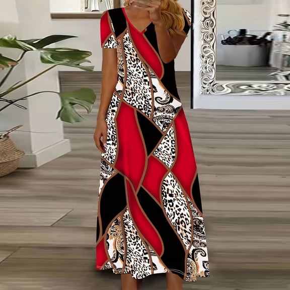 Sakmal Dresses for Women 2024 Comfy Loose Fit Graphic Short Sleeve Comfort Fit Red Long Shift Dress