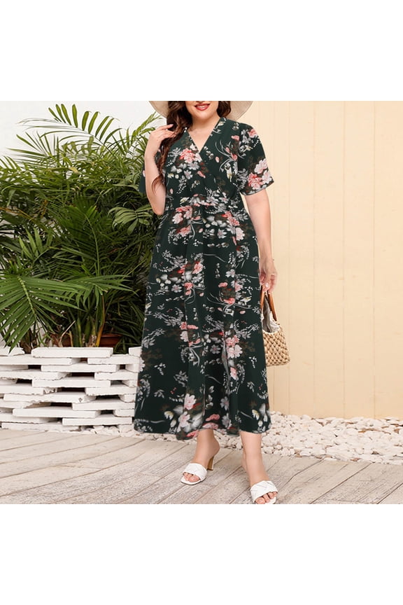 Dresses for Women 2024 Maxi V-Neck Green Floral Loose Fit Short Sleeve Shift Dress