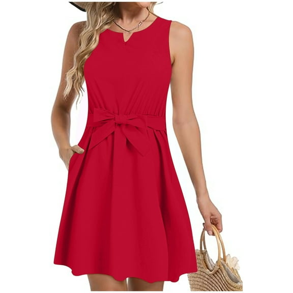 Sakmal Dresses for Women 2024 Notch Neck Mid-Length Red Solid Sleeveless Pleated Tie A-Line Dress