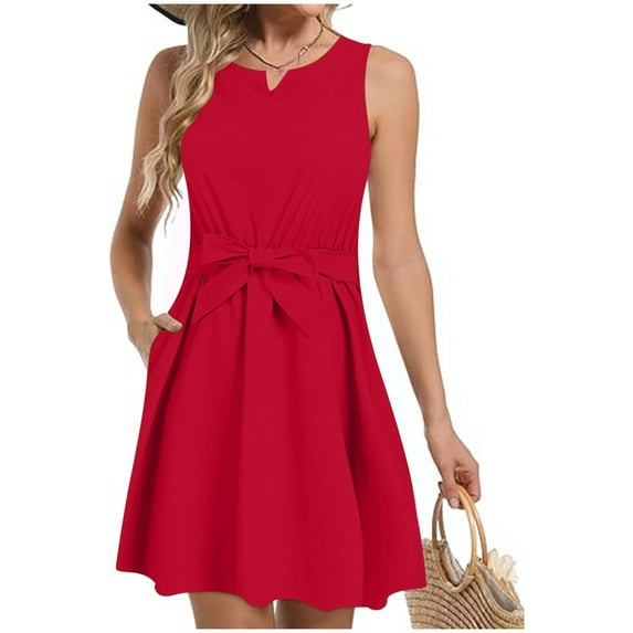 Sakmal Dresses for Women 2024 Notch Neck Mid-Length Red Solid Sleeveless Pleated Tie A-Line Dress