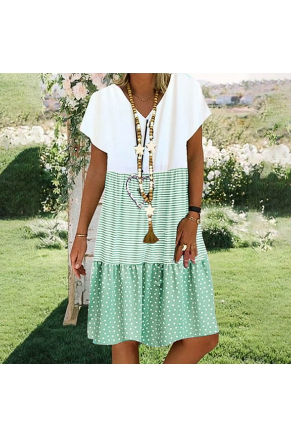 Dresses for Women 2024 Sky Blue Knee Length Shift Dresses Short Sleeve Striped Polka Dot Patchwork Women'S Skirts