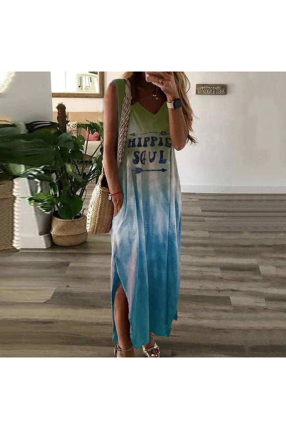 Dresses for Women 2024 Spring Maxi Shift Dress Hippie Soul Gradient Casual Loose Sleeveless Ladies Dresses Plus Size