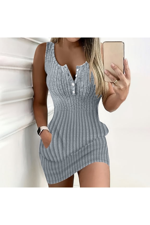 Dresses for Women 2024 Square Neckline Mid-Length Gray Solid Sexy Sleeveless Ribbed Button Bodycon Dress