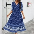 thumbnail image 1 of Sakmal Dresses for Women 2024 V-Neck Long Blue Elbow-Length Pleated Graphic Boho Sundress, 1 of 7