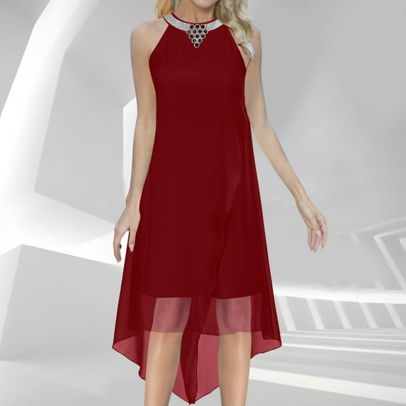 Sakmal Dresses for Women Chiffon Tulle Solid Sleeveless Red Comfort Fit Mid-Length Shift Dress