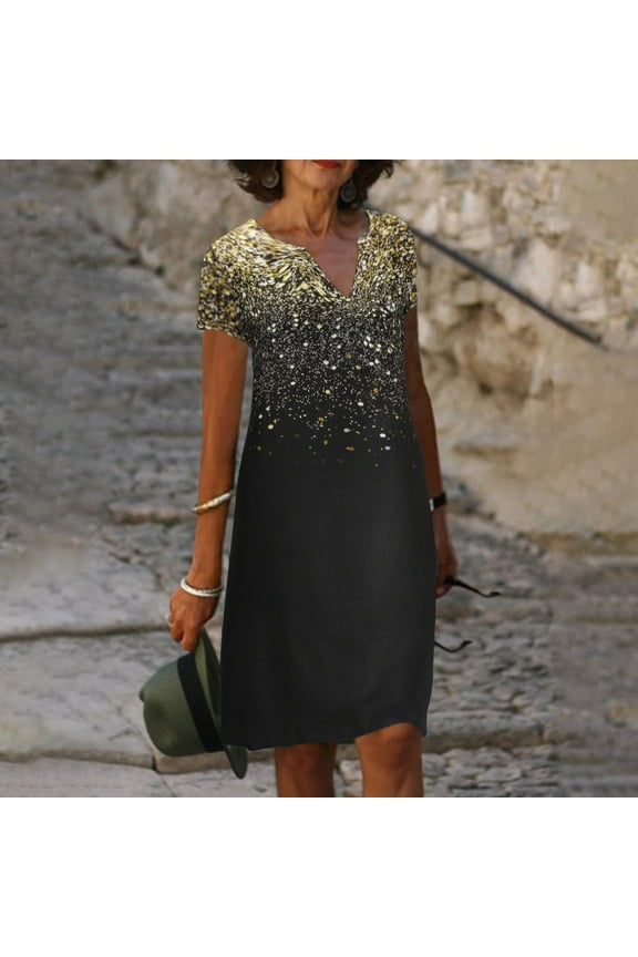 Dresses for Women Elegant Gold Casual Loose Fit Mid-Length Short Sleeve Notch Neck Shift Formal Dress